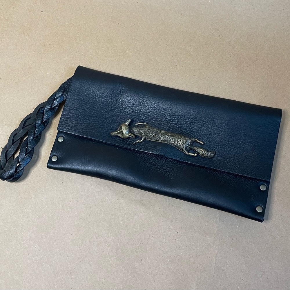 Vintage Moss Mills Leather Clutch Brass Fox Accent